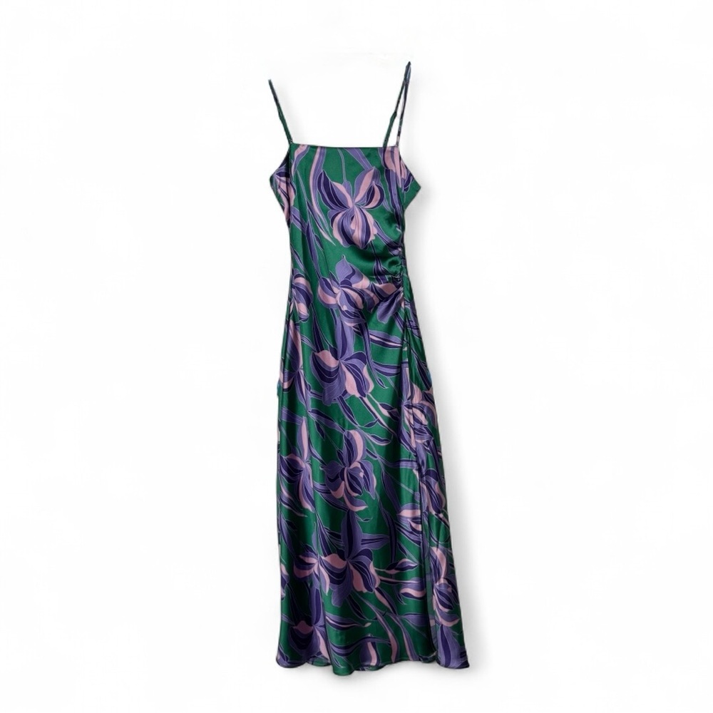 House of Harlow 1960 Satin Floral Maxi Dress Small Green Purple Slit Summer - Picture 4 of 14